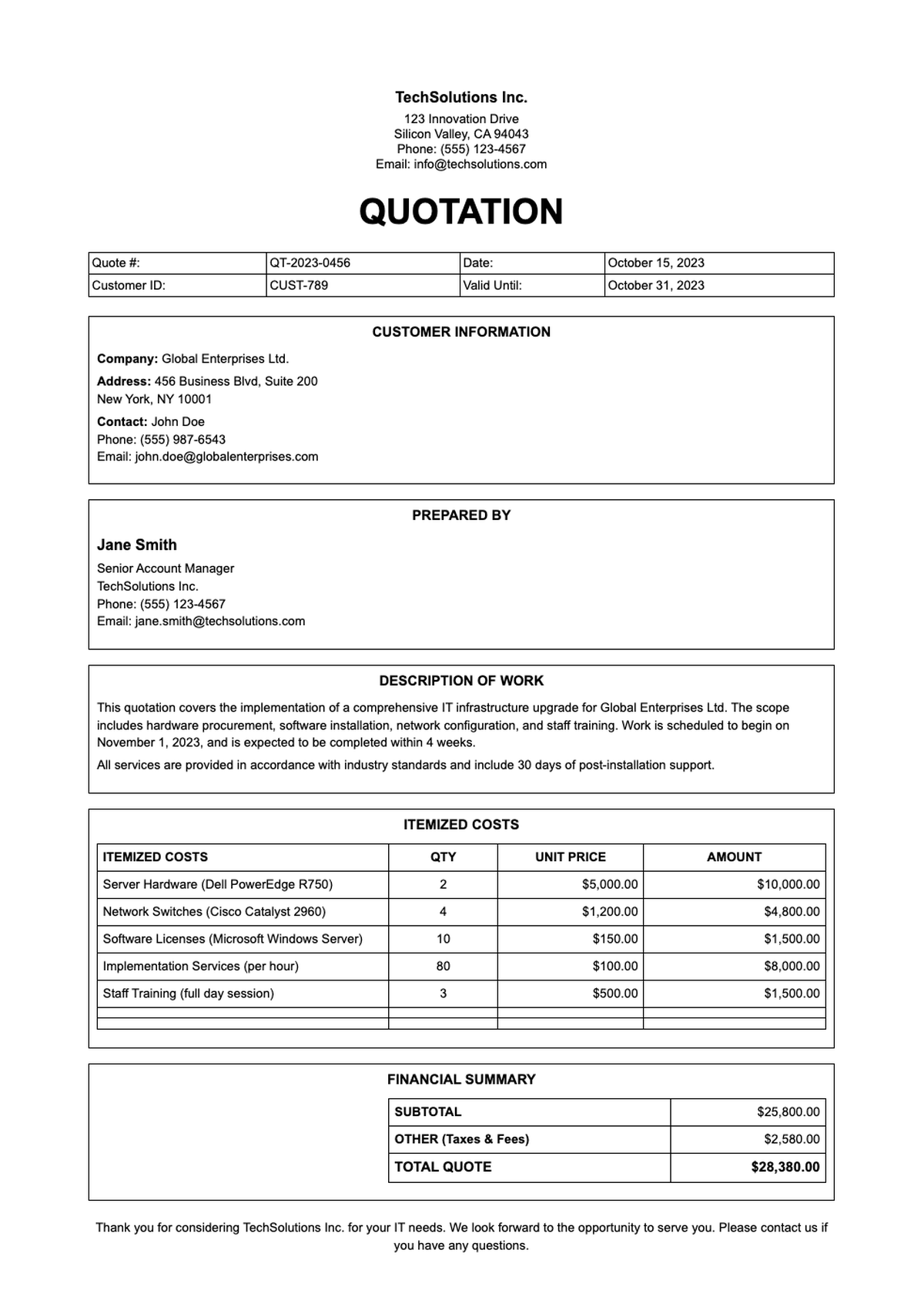 Professional service quotation template with itemized costs and customer details_variant_1